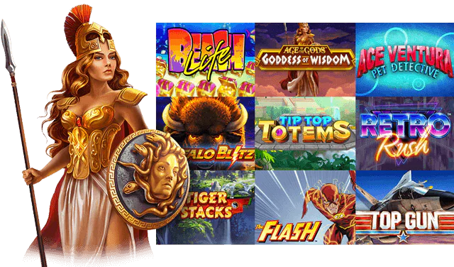 ภาพของตัวละครหญิงในชุดเกราะท่ามกลางเกมสล็อตต่าง ๆ ที่รวมถึงชื่อเกมยอดนิยมจาก Playtech