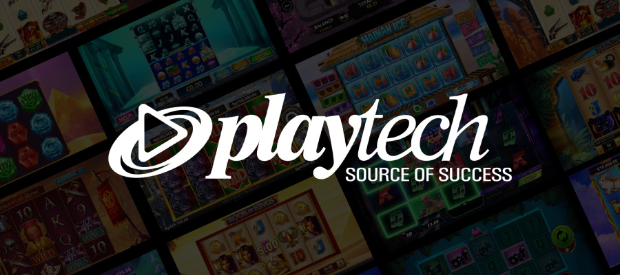โลโก้ของ Playtech พร้อมภาพพื้นหลังที่แสดงเกมสสล็อตหลากหลายรูปแบบ